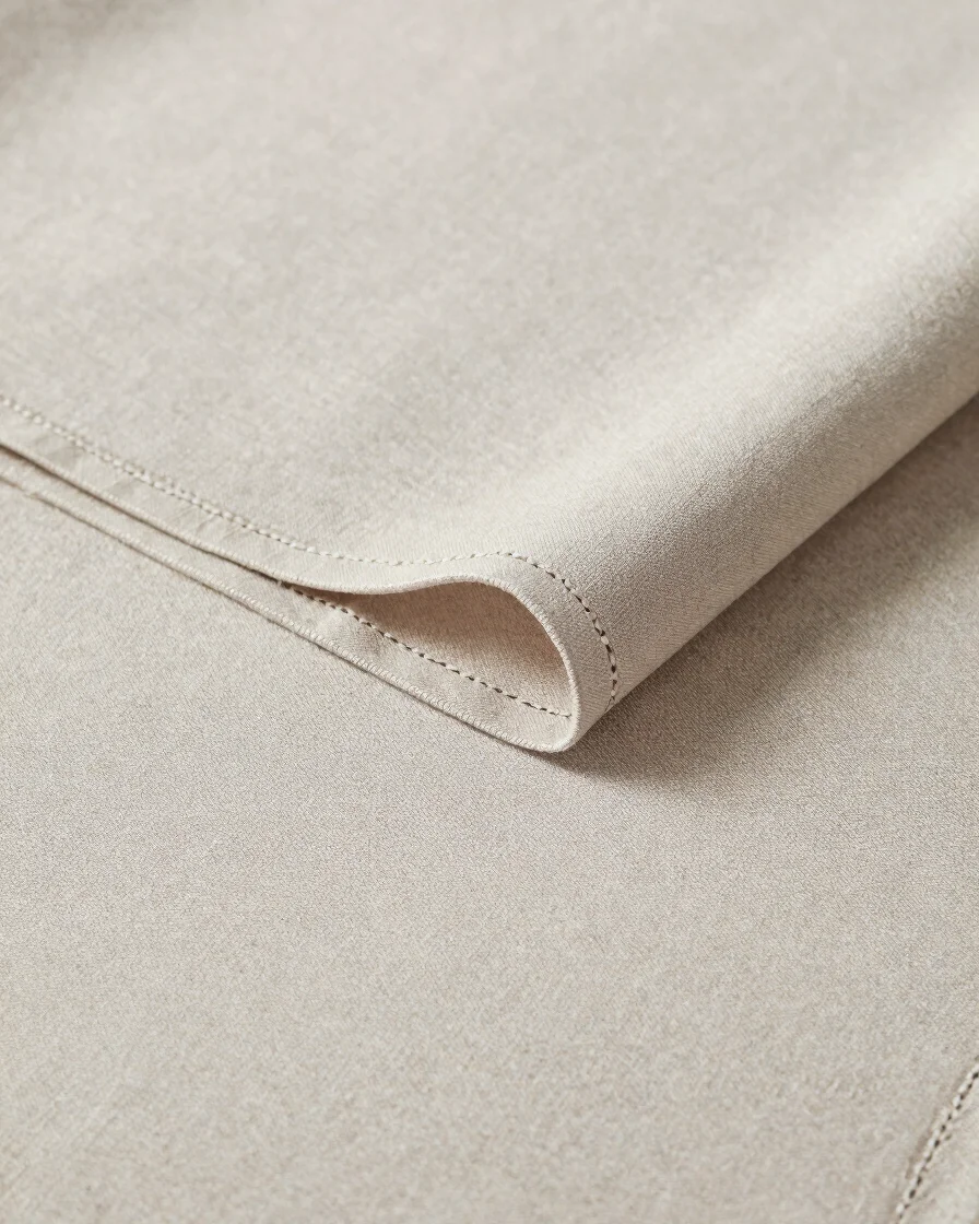 Close studio detail of neutral textile fabric laid flat with clean cut edges and visible stitch lines, soft directional