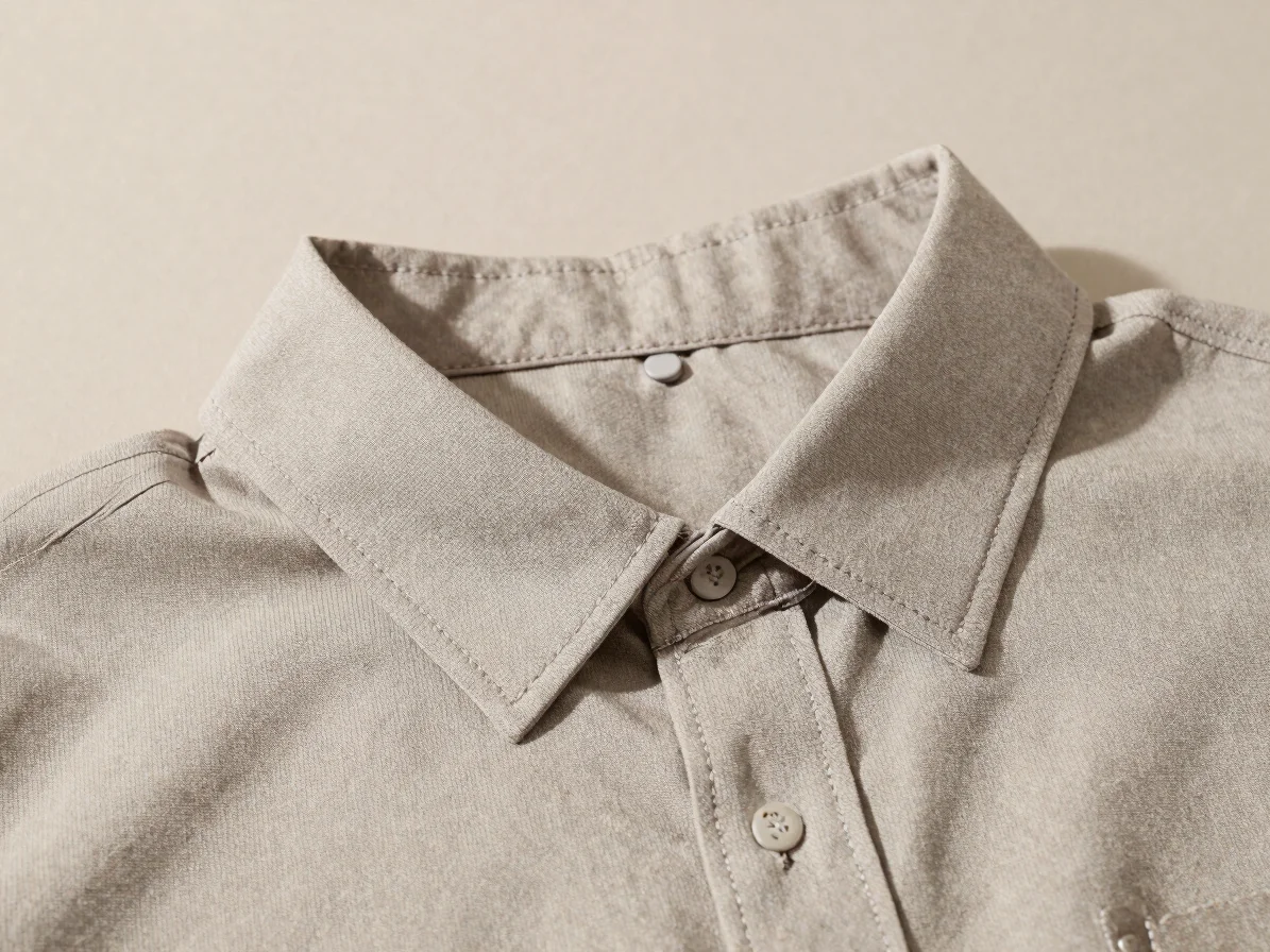 Editorial garment photography, close detail of a shirt collar and seam on a neutral textile background, soft directional