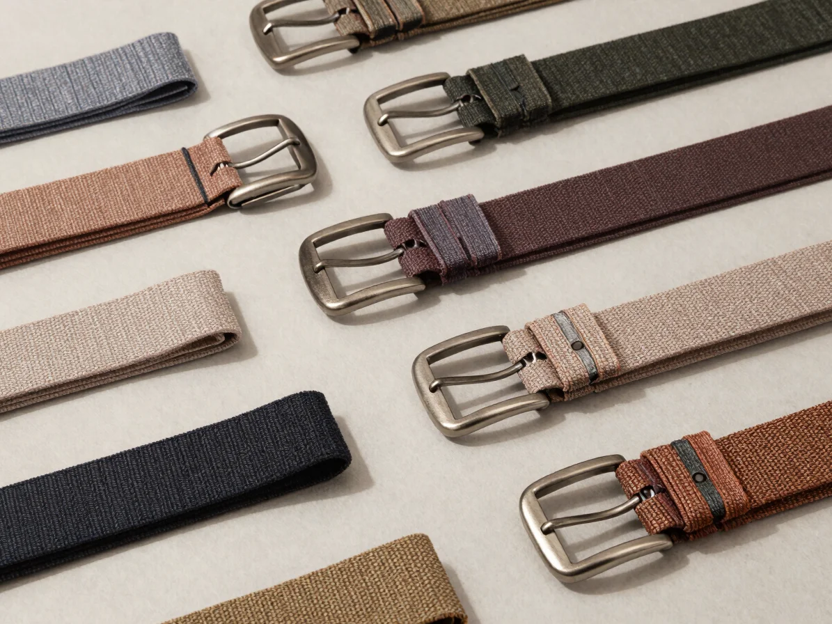 Editorial accessory photography, orderly study of a fabric belt and woven utility strap laid flat, soft directional stud